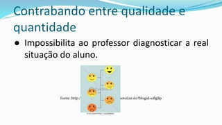 Contrabando entre qualidade e
quantidade
● Impossibilita ao professor diagnosticar a real
situação do aluno.
Fonte: http://blog.daum.net/_blog/photoList.do?blogid=0BgBp
 