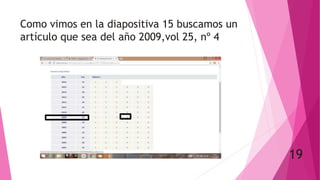 Como vimos en la diapositiva 15 buscamos un
artículo que sea del año 2009,vol 25, nº 4
19
 