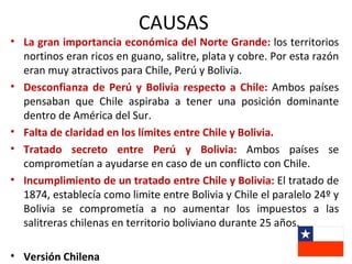 CAUSAS
• La gran importancia económica del Norte Grande: los territorios
  nortinos eran ricos en guano, salitre, plata y cobre. Por esta razón
  eran muy atractivos para Chile, Perú y Bolivia.
• Desconfianza de Perú y Bolivia respecto a Chile: Ambos países
  pensaban que Chile aspiraba a tener una posición dominante
  dentro de América del Sur.
• Falta de claridad en los límites entre Chile y Bolivia.
• Tratado secreto entre Perú y Bolivia: Ambos países se
  comprometían a ayudarse en caso de un conflicto con Chile.
• Incumplimiento de un tratado entre Chile y Bolivia: El tratado de
  1874, establecía como limite entre Bolivia y Chile el paralelo 24º y
  Bolivia se comprometía a no aumentar los impuestos a las
  salitreras chilenas en territorio boliviano durante 25 años.

• Versión Chilena
 