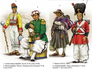 1. Tambor Mayor Batallón “Sucre” 2º de Línea (1879).           1. Rabona (Tacna, 1880).
2. Músico Batallón “Illimani, Cazadores de la Guardia” 3º de   2. Soldado Batallón “Daza, Granaderos 1º de la
Línea (1877).                                                  Guardia” 1º de Línea (1877).
 