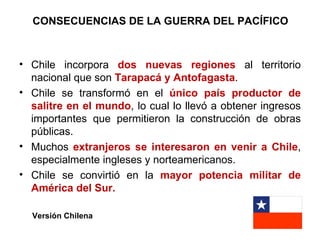 CONSECUENCIAS DE LA GUERRA DEL PACÍFICO



• Chile incorpora dos nuevas regiones al territorio
  nacional que son Tarapacá y Antofagasta.
• Chile se transformó en el único país productor de
  salitre en el mundo, lo cual lo llevó a obtener ingresos
  importantes que permitieron la construcción de obras
  públicas.
• Muchos extranjeros se interesaron en venir a Chile,
  especialmente ingleses y norteamericanos.
• Chile se convirtió en la mayor potencia militar de
  América del Sur.

  Versión Chilena
 