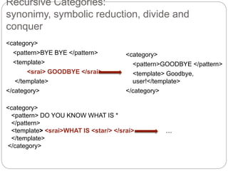 Recursive Categories:
synonimy, symbolic reduction, divide and
conquer
<category>
<pattern>BYE BYE </pattern>
<template>
<srai> GOODBYE </srai>
</template>
</category>
<category>
<pattern> DO YOU KNOW WHAT IS *
</pattern>
<template> <srai>WHAT IS <star/> </srai>
</template>
</category>
<category>
<pattern>GOODBYE </pattern>
<template> Goodbye,
user!</template>
</category>
…
 