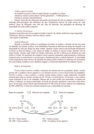 10
3-Oliva superior medial
As freqüências graves estão na região dorsal e as agudas na ventral.
Aferência: núcleo coclear ântero-ventral (glutamato +, GABA/glicina -)
Eferência: lemnisco lateral bilateral.
Função: detecção das diferenças interaurais (localização do som no espaço). A localização é
realizada pela percepção das diferenças de fase (freqüências baixas) da onda sonora de cada
orelha.É capaz de distinguir sons com até 10µs de intervalo. Sua percepção da diferença de
intensidade em cada orelha é pequena.
4- Núcleos Periolivares
Situados na periferia das olivas superior medial e lateral e do núcleo medial do corpo trapezóide.
Eferências: núcleos cocleares, lemnisco lateral, cóclea.
Sua função é indefinida.
Audição Binaural
Quando a acuidade auditiva é semelhante em ambas as orelhas, a direção de um som pode
ser definida com grande acurácia. Esta habilidade é baseada na diferença de tempo de chegada e de
intensidade do som que chega nas duas orelhas. Quando a fonte sonora está localizada diretamente
na frente ou atrás da cabeça, o som chega em ambas as orelhas ao mesmo tempo. Quando vem de
outra direção, alcança cada orelha em tempos diferentes, devido à diferença da distância de cada
orelha e a fonte. Os neurônios do complexo olivar superior respondem especificamente à diferença
temporal entre as estimulações e sua presença é fundamental para a audição binaural. A intensidade
sonora depende da onda sonora e do tamanho da cabeça (efeito sombra) e a diferença de intensidade
tem uma relação complexa com a distância angular e é altamente dependente do espectro sonoro.
Reflexo do Estapédio
O arco reflexo envolve a orelha e estruturas do sistema nervoso ascendente, desde o núcleo
coclear até o complexo olivar superior e a via eferente envolve o nervo facial (ramo do estapédio).
Envolve a cóclea, o nervo auditivo, o núcleo coclear ântero-ventral e corpo trapezóide, existindo
comunicações para os núcleos motores do NC VII ipsi e contra-laterais. No homem, o arco reflexo
causa contração só do m. do estapédio. Mesmo que só uma orelha seja estimulada, a resposta do
reflexo é bilateral, na mesma intensidade. O limiar de ativação ipsilateral é um pouco mais baixo
que o da ativação contra-lateral (aproximadamente 85 dB acima do limiar auditivo nas freqüências
de 500 a 4000 Hz). A força de contração aumenta com a intensidade do estímulo.
Ramo do estapédio Músculos do estapédio Ramo do estapédio
NC VII NC VII
NC VIII N C COS COS NC NC VIII
OD OE
NC VII = Nervo facial NC = Núcleo coclear
NC VIII = Nervo auditivo COS = Complexo olivar superior
 