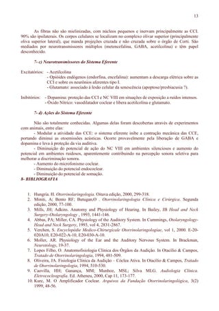 13
As fibras não são mielinizadas, com núcleos pequenos e inervam principalmente as CCI.
90% são ipsilaterais. Os corpos celulares se localizam no complexo olivar superior (principalmente
oliva superior lateral), que manda projeções cruzada e não cruzada sobre o órgão de Corti. São
mediados por neurotransmissores múltiplos (metencefalina, GABA, acetilcolina) e têm papel
desconhecido.
7- c) Neurotransmissores do Sistema Eferente
Excitatórios: - Acetilcolina
- Opióides endógenos (endorfina, encefalina): aumentam a descarga elétrica sobre as
CCI e sobre os neurônios aferentes tipo I.
- Glutamato: associado à lesão celular da senescência (apoptose/presbiacusia ?).
Inibitórios: - Dopamina: proteção das CCI e NC VIII em situações de exposição a ruídos intensos.
- Óxido Nítrico: vasodilatador coclear e libera acetilcolina e glutamato.
7- d) Ações do Sistema Eferente
Não são totalmente conhecidas. Algumas delas foram descobertas através de experimentos
com animais, entre elas:
- Modular a atividade das CCE: o sistema eferente inibe a contração mecânica das CCE,
portando diminui as otoemissões acústicas. Ocorre provavelmente pela liberação de GABA e
dopamina e leva à proteção da via auditiva.
- Diminuição do potencial de ação do NC VIII em ambientes silenciosos e aumento do
potencial em ambientes ruidosos, aparentemente contribuindo na percepção sonora seletiva para
melhorar a discriminação sonora.
- Aumento do microfonismo coclear.
- Diminuição do potencial endococlear.
- Diminuição do potencial de somação.
8- BIBLIOGRAFIA
1. Hungria. H. Otorrinolaringologia. Oitava edição, 2000, 299-318.
2. Miniti, A; Bento RF; Butugan,O . Otorrinolaringologia Clínica e Cirúrgica. Segunda
edição, 2000, 77-100.
3. Mills, JH; Adkins. Anatomy and Physiology of Hearing. In Bailey, JB Head and Neck
Surgery-Otolaryngology , 1993, 1441-146.
4. Abbas, PA; Miller, CA. Physiology of the Auditory System. In Cummings, Otolaryngology-
Head and Neck Surgery, 1993, vol 4, 2831-2867.
5. Verchen, S. Encyclopèdie Medico-Chirurgicale Otorrinolaringologíae, vol 1, 2000. E-20-
020A10, E20-022-A-10, E20-030-A-10.
6. Moller, AR. Physiology of the Ear and the Auditory Nervous System. In Brackman,
Neurotology, 19-37.
7. Lopes Filho, O. Anatomofisiologia Clínica dos Órgãos da Audição. In Otacílio & Campos,
Tratado de Otorrinolaringologia, 1994, 481-509.
8. Oliveira, JA. Fisiologia Clínica da Audição – Cóclea Ativa. In Otacílio & Campos, Tratado
de Otorrinolaringologia, 1994, 510-530.
9. Caovilla, HH; Ganança, MM; Munhoz, MSL; Silva MLG. Audiologia Clínica.
Eletrococleografia. Ed. Atheneu, 2000, Cap 11, 173-177.
10. Kurc, M. O Amplificador Coclear. Arquivos da Fundação Otorrinolaringológica, 3(2)
1999, 48-56.
 