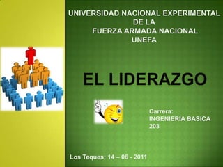Universidad Nacional Experimental de la Fuerza Armada NacionalUNEFA EL LIDERAZGO Carrera: INGENIERIA BASICA 203 Los Teques; 14 – 06 - 2011 