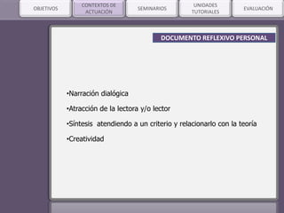 SEMINARIOSOBJETIVOS
CONTEXTOS DE
ACTUACIÓN
UNIDADES
TUTORIALES
EVALUACIÓN
DOCUMENTO REFLEXIVO PERSONAL
•Narración dialógica
•Atracción de la lectora y/o lector
•Síntesis atendiendo a un criterio y relacionarlo con la teoría
•Creatividad
 