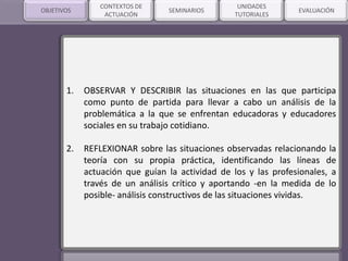 SEMINARIOSOBJETIVOS
1. OBSERVAR Y DESCRIBIR las situaciones en las que participa
como punto de partida para llevar a cabo un análisis de la
problemática a la que se enfrentan educadoras y educadores
sociales en su trabajo cotidiano.
2. REFLEXIONAR sobre las situaciones observadas relacionando la
teoría con su propia práctica, identificando las líneas de
actuación que guían la actividad de los y las profesionales, a
través de un análisis crítico y aportando -en la medida de lo
posible- análisis constructivos de las situaciones vividas.
CONTEXTOS DE
ACTUACIÓN
UNIDADES
TUTORIALES
EVALUACIÓN
 