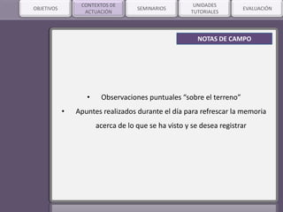 SEMINARIOSOBJETIVOS
:
• Observaciones puntuales “sobre el terreno”
• Apuntes realizados durante el día para refrescar la memoria
acerca de lo que se ha visto y se desea registrar
.
CONTEXTOS DE
ACTUACIÓN
UNIDADES
TUTORIALES
EVALUACIÓN
NOTAS DE CAMPO
 