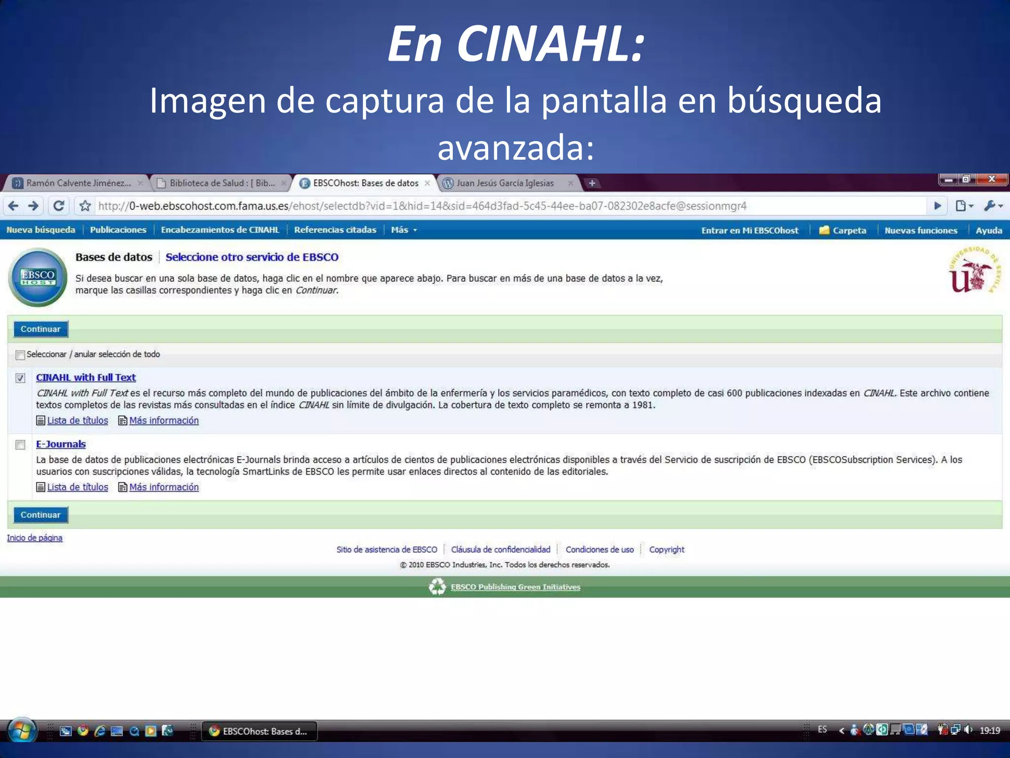 En CINAHL:Imagen de captura de la pantalla en búsqueda avanzada: