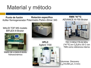Material y método
  Punto de fusión         Rotación específica              RMN 1H/13C
Kofler-Termogenerador Polarímetro Perkin–Elmer 343     ADVANCE III-700 Bruker


MALDI TOF MS modelo
  BIFLEX III Bruker




                                    HPLC                 700.13 MHz/176.04 MHz
                                 Agilent 1100           (1H/13C)
                                                              en C5D5N a 35 C con
                                                        TMS como referencia interna

 Matriz de α-ciano-4-ácido
      hidroxicinámico


                                                     Columnas Discovery
                                                     C18(10-250 µm, 5 mm)
 