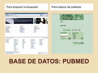 BASE DE DATOS: PUBMED
Para empezar la búsqueda Para traducir las palabras
 