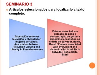 SEMINARIO 3 
 Artículos seleccionados para localizarlo a texto 
completo. 
Asociación entre ver 
televisión y obesidad en 
mujeres peruanas / 
Association between 
television viewing and 
obesity in Peruvian women 
Fatores associados a 
excesso de peso e 
concentração de gordura 
abdominal em adultos na 
cidade de Salvador, Bahia, 
Brasil / Factors associated 
with overweight and 
abdominal fat in adults in 
Salvador, Bahia State, 
Brazil 
 