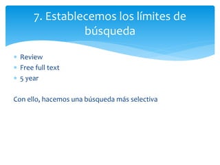  Review
 Free full text
 5 year
Con ello, hacemos una búsqueda más selectiva
7. Establecemos los límites de
búsqueda
 