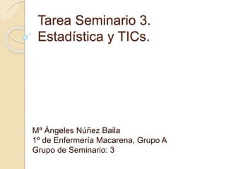 Tarea Seminario 3.
Estadística y TICs.
Mª Ángeles Núñez Baila
1º de Enfermería Macarena, Grupo A
Grupo de Seminario: 3
 