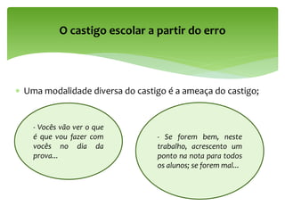  Uma modalidade diversa do castigo é a ameaça do castigo;
O castigo escolar a partir do erro
- Vocês vão ver o que
é que vou fazer com
vocês no dia da
prova...
- Se forem bem, neste
trabalho, acrescento um
ponto na nota para todos
os alunos; se forem mal...
 