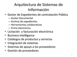 Arquitectura de Sistemas de
                  Información
• Gestor de Expedientes de contratación Pública
    –   Gestor Documental
    –   Archivo de expedientes
    –   Herramientas colaborativas
    –   Firma electrónica
•   Licitación y facturación electrónica
•   Business Intelligence
•   Catálogos de productos y servicios
•   Integración de sistemas
•   Sistemas de apoyo a los proveedores
•   Gestión de proveedores
                                                  11
 