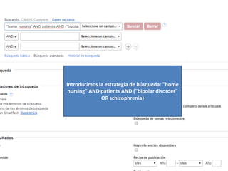 Introducimos la estrategia de búsqueda: "home
nursing" AND patients AND ("bipolar disorder"
OR schizophrenia)
 