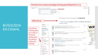BÚSQUEDA
ENCINAHL
Introducimos nuestra estrategia de búsqueda (Diapositiva nº 3)
Obtenemos
Limitamos
la búsqueda
en cuanto a
fecha de
publicación
(15 años) y
a tipos de
fuentes
 