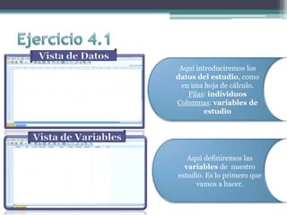 Aquí introduciremos los
datos del estudio, como
en una hoja de cálculo.
Filas: individuos
Columnas: variables de
estudio
Aquí definiremos las
variables de nuestro
estudio. Es lo primero que
vamos a hacer.
 