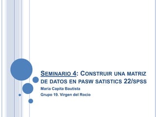 SEMINARIO 4: CONSTRUIR UNA MATRIZ
DE DATOS EN PASW SATISTICS 22/SPSS
María Capita Bautista
Grupo 19. Virgen del Rocío
 