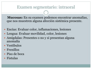 Examen segmentario: intraoral
Mucosas: En su examen podemos encontrar anomalías,
que nos muestren alguna afección sistémica presente.
 Encías: Evaluar color, inflamaciones, lesiones
 Lengua: Evaluar movilidad, color, lesiones
 Amígdalas: Presentes o no y si presentan alguna
anomalía
 Vestíbulos
 Frenillos
 Piso de boca
 Fistulas
 