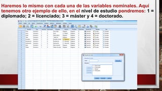 Haremos lo mismo con cada una de las variables nominales. Aquí
tenemos otro ejemplo de ello, en el nivel de estudio pondremos: 1 =
diplomado; 2 = licenciado; 3 = máster y 4 = doctorado.
 