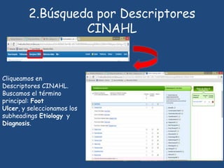 2.Búsqueda por Descriptores
CINAHL
Cliqueamos en
Descriptores CINAHL.
Buscamos el término
principal: Foot
Ulcer, y seleccionamos los
subheadings Etiology y
Diagnosis.
 