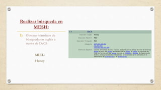 Realizar búsqueda en
MESH:
1) Obtener términos de
búsqueda en inglés a
través de DeCS
MIEL:
Honey
 
