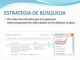 ESTRATEGIA DE BÚSQUEDA
De todos los artículos que nos aparecen
seleccionaremos los más citados en los últimos 15 años: