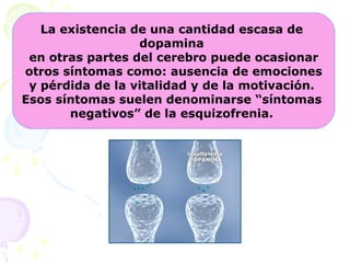 La existencia de una cantidad escasa de  dopamina  en otras partes del cerebro puede ocasionar otros síntomas como: ausencia de emociones  y pérdida de la vitalidad y de la motivación.  Esos síntomas suelen denominarse “síntomas  negativos” de la esquizofrenia.   