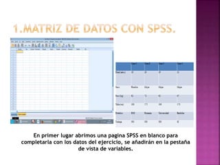 En primer lugar abrimos una pagina SPSS en blanco para
completarla con los datos del ejercicio, se añadirán en la pestaña
de vista de variables.
 