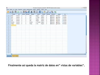 Finalmente así queda la matriz de datos en” vistas de variables”.
 