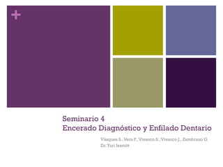 +
Seminario 4
Encerado Diagnóstico y Enfilado Dentario
Vásques S.,Vera F.,Vivanco S.,Vivanco J., Zambrano G.
Dr.Yuri Isamitt
 