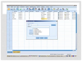 RECODFIFICAR DATOS
2. Al importar, las diferentes modalidades de las
variables, que tenían asignados un número, se
descodifican. Por tanto, es necesario recodificar
los datos que sean necesarios. En este caso, es
necesario codificar los datos de las variables
“Estudios” y “Sexo” .
 