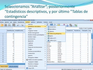 Seleccionamos “Analizar”, posteriormente
“Estadísticos descriptivos, y por último “Tablas de
contingencia”
 