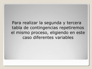 Para realizar la segunda y tercera
tabla de contingencias repetiremos
el mismo proceso, eligiendo en este
caso diferentes variables
 