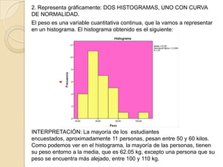 2. Representa gráficamente: DOS HISTOGRAMAS, UNO CON CURVA
DE NORMALIDAD.
El peso es una variable cuantitativa continua, que la vamos a representar
en un histograma. El histograma obtenido es el siguiente:
INTERPRETACIÓN: La mayoría de los estudiantes
encuestados, aproximadamente 11 personas, pesan entre 50 y 60 kilos.
Como podemos ver en el histograma, la mayoría de las personas, tienen
su peso entorno a la media, que es 62.05 kg, excepto una persona que su
peso se encuentra más alejado, entre 100 y 110 kg.
 