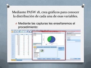 Mediante PASW 18, crea gráficos para conocer
la distribución de cada una de esas variables.
O Mediante las capturas les enseñaremos el
procedimiento:
 