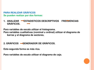 PARA REALIZAR GRÁFICOS
Se pueden realizar por dos formas:
1. ANALIZAR ESTADISTICOS DESCRIPTIVOS FRECUENCIAS
GRÁFICOS.
Para variables de escala utilizar el histograma.
Para variables cualitativas (nominal u ordinal) utilizar el diagrama de
barras y el diagrama de sectores.
2. GRÁFICOS GENERADOR DE GRÁFICOS.
Esta segunda forma es más rica.
Para variables de escala utilizar el diagrama de caja.
 