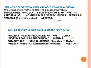 TABLAS DE FRECUENCIA PARA VARIABLE NOMINAL U ORDINAL:
Una vez abierta la matriz de datos de la enseñanza virtual,
seleccionamos ANALIZAR ESTADÍSTICOS DESCRIPTIVOS
FRECUENCIAS MOSTRAR TABLA DE FRECUENCIAS ELEGIR LA
VARIABLE (Nominal u ordinal) ACEPTAR.
TABLAS DE FRECUENCIA PARA VARIABLE DE ESCALA:
ANALIZAR ESTADISTICOS DESCRIPTIVOS QUITAR
“MOSTRAR TABLA DE FRECUENCIA” ACEPTAR
ESTADISTICOS SELECCIONAMOS: “Quartiles “ “ Media”
“Mediana” “Moda” “Desviación típica” “Varianza” ACEPTAR
 