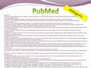 References
1. Alptekin K, Akdede BB, Akvardar Y, Celikgun S, Dilsen NS, Durak G, et al. Quality of life assessment in turkish patients with schizophrenia and their relatives. Psychol
Rep. 2004 Aug;95(1):197-206.
2. Bota RG, Munro JS, Sagduyu K. Benefits of boarding home placement in patients with schizophrenia. South Med J. 2007 Feb;100(2):145-8.
3. Burns T, Catty J, Wright C. De-constructing home-based care for mental illness: Can one identify the effective ingredients? Acta Psychiatr Scand Suppl.
2006;(429)(429):33-5.
4. Caqueo-Urizar A, Gutierrez-Maldonado J. Burden of care in families of patients with schizophrenia. Qual Life Res. 2006 May;15(4):719-24.
5. Chadda RK, Singh TB, Ganguly KK. Caregiver burden and coping: A prospective study of relationship between burden and coping in caregivers of patients with
schizophrenia and bipolar affective disorder. Soc Psychiatry Psychiatr Epidemiol. 2007 Nov;42(11):923-30.
6. Cheng JF, Huang XY, Hsu YS, Su CH. Influencing factors of community mental health nurses caring for people with schizophrenia in taiwan. J Psychiatr Ment Health
Nurs. 2012 May;19(4):319-26.
7. Chien WT, Chan SW. One-year follow-up of a multiple-family-group intervention for chinese families of patients with schizophrenia. Psychiatr Serv. 2004
Nov;55(11):1276-84.
8. Chopra PK, Couper JW, Herrman H. The assessment of patients with long-term psychotic disorders: Application of the WHO disability assessment schedule II. Aust N
Z J Psychiatry. 2004 Sep;38(9):753-9.
9. Dangdomyouth P, Stern PN, Oumtanee A, Yunibhand J. Tactful monitoring: How thai caregivers manage their relative with schizophrenia at home. Issues Ment
Health Nurs. 2008;29(1):37-50.
10. DeMarce JM, Burden JL, Lash SJ, Stephens RS, Grambow SC. Convergent validity of the timeline followback for persons with comorbid psychiatric disorders engaged
in residential substance use treatment. Addict Behav. 2007 Aug;32(8):1582-92.
11. Dewa CS, Zipursky RB, Chau N, Furimsky I, Collins A, Agid O, et al. Specialized home treatment versus hospital-based outpatient treatment for first-episode psychosis:
A randomized clinical trial. Early Interv Psychiatry. 2009 Nov;3(4):304-11.
12. Dogan S, Dogan O, Tel H, Coker F, Polatoz O, Dogan FB. Psychosocial approaches in outpatients with schizophrenia. Psychiatr Rehabil J. 2004 Winter;27(3):279-82.
13. Dubuis J, Mottu F. Non-institutional therapies offered to patients with schizophrenia who are treated at home. Rev Med Suisse Romande. 2004 Jan;124(1):29.
14. Durbin J, Goering P, Cochrane J, Macfarlane D, Sheldon T. Needs-based planning for persons with schizophrenia residing in board-and-care homes. Schizophr Bull.
2004;30(1):123-32.
15. Giraud-Baro E. Schizophrenia: A necessary re-consideration of care. Encephale. 2006 Dec;32 Pt 3:S1056-60.
16. Gorrell J, Cornish A, Tennant C, Rosen A, Nash L, McKay D, et al. Changes in early psychosis service provision: A file audit. Aust N Z J Psychiatry. 2004 Sep;38(9):68793.
17. Guhne U, Weinmann S, Arnold K, Atav ES, Becker T, Riedel-Heller S. Home treatment: Systematic review and implementation in germany. Psychiatr Prax. 2011
Apr;38(3):114-22.
18. Gutierrez-Maldonado J, Caqueo-Urizar A. Effectiveness of a psycho-educational intervention for reducing burden in latin american families of patients with
schizophrenia. Qual Life Res. 2007 Jun;16(5):739-47.
19. Hardesty F. An unexpected hero. J Psychosoc Nurs Ment Health Serv. 2005 Mar;43(3):48-50.
20. Hellzen O. Nurses' personal statements about factors that influence their decisions about the time they spend with residents with long-term mental illness living in
psychiatric group dwellings. Scand J Caring Sci. 2004 Sep;18(3):257-63.
21. Hirooka K, Watanabe M, Kawagoe K. Support of the family with schizophrenia in case of home hospice care. Gan To Kagaku Ryoho. 2013 Aug;40(8):1123-6.
22. Jager M, Lang FU, Frasch K, Becker T. Schizophrenia and aggressive behaviour: The impact of catatonic phenomena. Psychiatr Prax. 2012 Mar;39(2):84-90.
23. Jungbauer J, Stelling K, Dietrich S, Angermeyer MC. Schizophrenia: Problems of separation in families. J Adv Nurs. 2004 Sep;47(6):605-13.
24. Katakura N, Yamamoto-Mitani N, Ishigaki K. Home-visit nurses' attitudes for providing effective assistance to clients with schizophrenia. Int J Ment Health Nurs. 2010

 