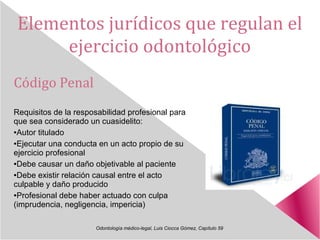 Elementos jurídicos que regulan el
ejercicio odontológico
Código Penal
Requisitos de la resposabilidad profesional para
que sea considerado un cuasidelito:
●Autor titulado
●Ejecutar una conducta en un acto propio de su
ejercicio profesional
●Debe causar un daño objetivable al paciente
●Debe existir relación causal entre el acto
culpable y daño producido
●Profesional debe haber actuado con culpa
(imprudencia, negligencia, impericia)
Odontología médico-legal, Luis Ciocca Gómez, Capítulo 59
 