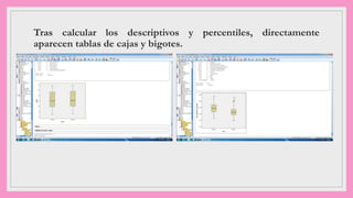 Tras calcular los descriptivos y percentiles, directamente
aparecen tablas de cajas y bigotes.
 