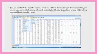 ◦ Una vez cambiado las medidas vamos a crear una tabla de frecuencias con diversas variables, que
en este caso serán edad, altura, colesterol total, trigliceridemia, glucemia en ayuna, ácido úrico y
peso medido en consulta y sexo.
 