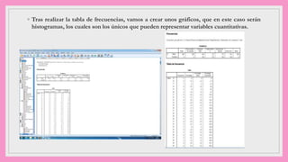 ◦ Tras realizar la tabla de frecuencias, vamos a crear unos gráficos, que en este caso serán
histogramas, los cuales son los únicos que pueden representar variables cuantitativas.
 
