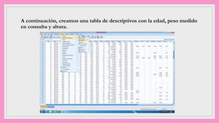 A continuación, creamos una tabla de descriptivos con la edad, peso medido
en consulta y altura.
 