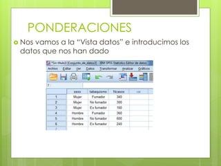 PONDERACIONES
 Nos vamos a la “Vista datos” e introducimos los
datos que nos han dado
 