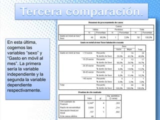 En esta última,
cogemos las
variables “sexo” y
“Gasto en móvil al
mes”. La primera
sería la variable
independiente y la
segunda la variable
dependiente
respectivamente.
 