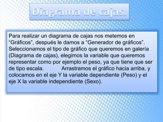 Para realizar un diagrama de cajas nos metemos en
“Gráficos”, después le damos a “Generador de gráficos”.
Seleccionamos el tipo de gráfico que queremos en galería
(Diagrama de cajas), elegimos la variable que queremos
representar como por ejemplo el peso, ya que tiene que ser
de tipo escala. Arrastramos el gráfico hacia arriba, y
colocamos en el eje Y la variable dependiente (Peso) y el
eje X la variable independiente (Sexo).
 