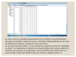 En este caso la variable dependiente es el salario anual percibido
situado en las filas, mientras que la variable independiente es el nivel
académico máximo, situada en las columnas.
En el caso de esta tabla no encontramos relación entre las variables,
es decir, no depende el salario anual percibido del nivel académico
máximo alcanzado, por ejemplo, en la cantidad de 30.000 hay un
porcentaje mayor de diplomados (3) frente a diplomados (1).
 